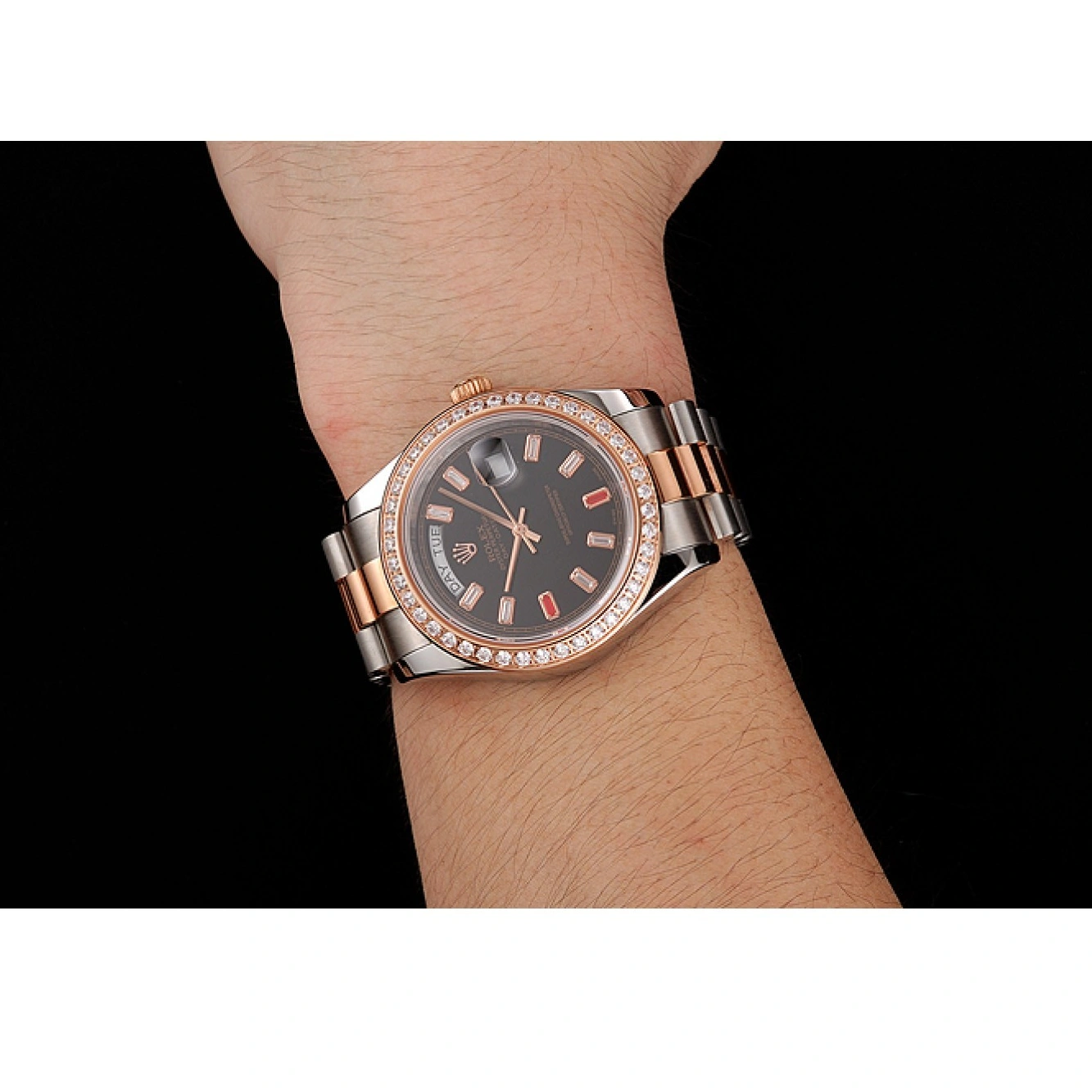 Aaa fake watches Rolex Bracelet Swiss Staineless Dial Rose Black Diamonds Rubies Steel And 1454106 Gold Day-Date And 1029